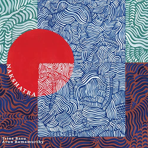 Vinyl record cover with blue wave patterns and a red circle.
