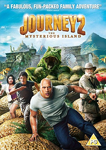 DVD cover for "Journey 2: The Mysterious Island" featuring actors and a dinosaur.