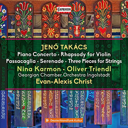 CD cover featuring colorful, patterned wooden pillars and composer Jeno Takacs’ name.