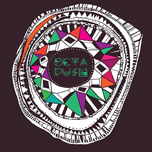 CD cover with abstract geometric design in white, black, and vibrant colors.