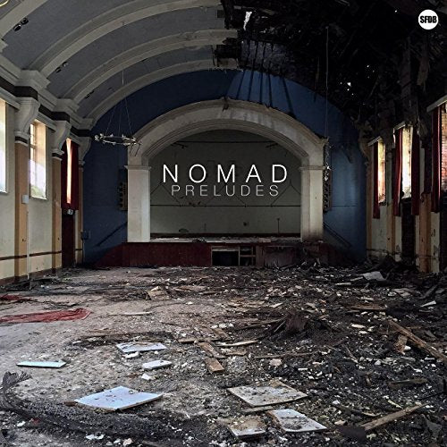 "Album cover: 'Nomad Preludes' featuring a dilapidated concert hall with debris scattered on the floor."