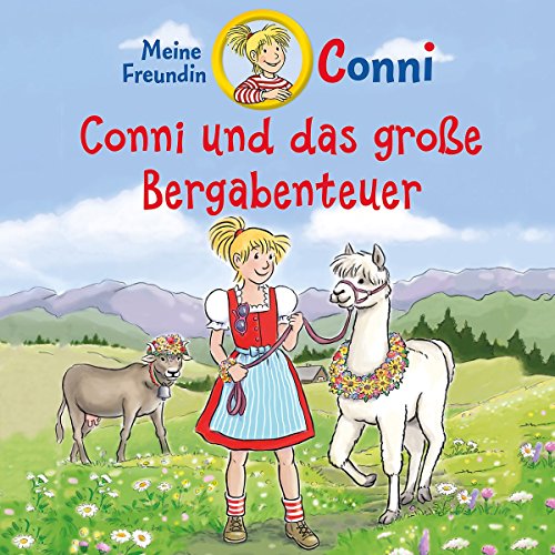 CD cover featuring Conni, a girl, with a cow and a llama in mountains.