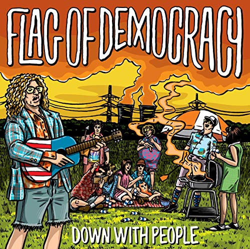 "Album cover art featuring a cartoon man playing guitar with people in a field."