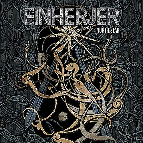 "Album cover with 'Einherjer' and 'North Star' text, featuring intricate gold and black designs."