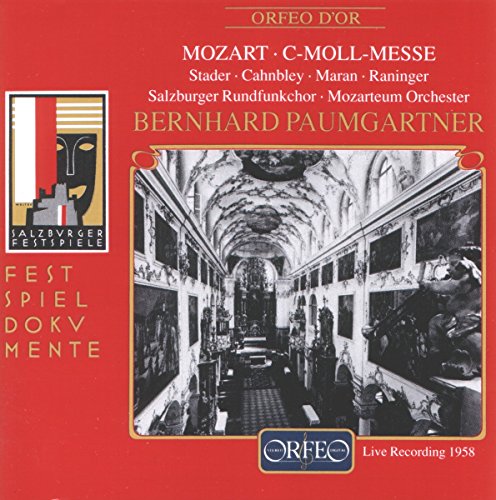 CD cover for Mozart’s Great Mass in C Minor, red background, church interior.