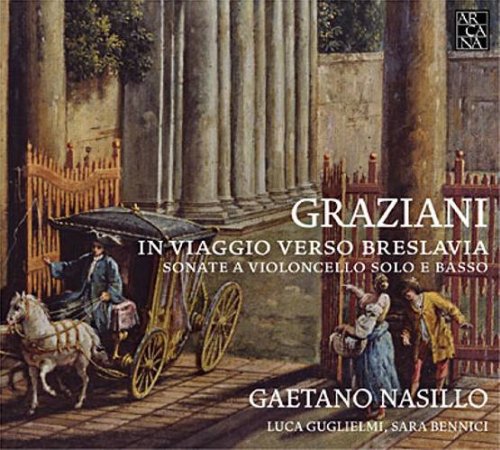 "CD cover featuring 18th-century painting of horse-drawn carriage and people outside a building."