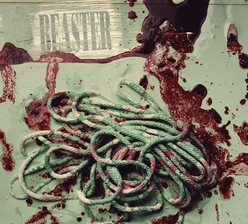 "Album cover with 'Beaster' title, featuring bloody intestines on a light green background."
