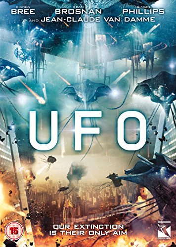 "UFO" DVD cover featuring a city under attack by alien spacecraft, with flames and destruction.