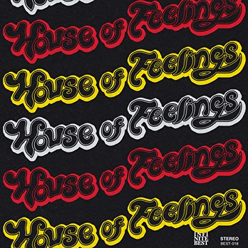 "Black vinyl album cover with 'House of Feelings' in stylized, colorful text, repeated in a pattern."