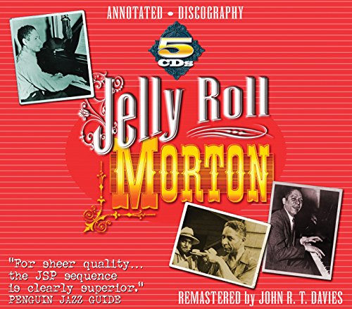 Red album cover with white stripes, featuring three black-and-white photos of Jelly Roll Morton.