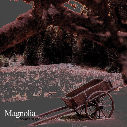 Dark album cover featuring a forest, field, and old wooden cart.