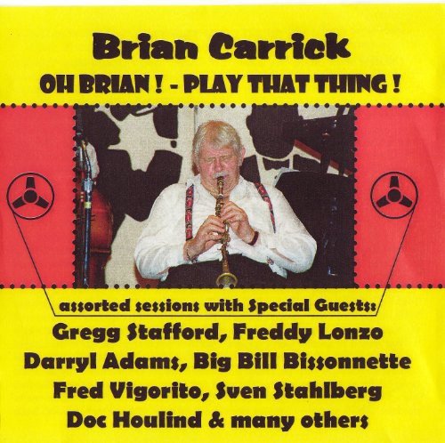 "Album cover with a man playing a clarinet on a postage stamp design."