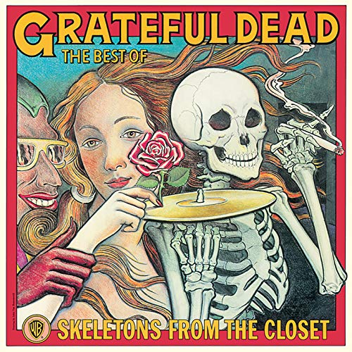 "Grateful Dead vinyl album cover featuring a skeleton and woman with red border."