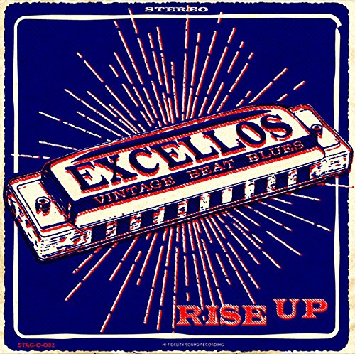 "Album cover featuring a harmonica with 'EXCELLOS' and 'RISE UP' text on a blue background."