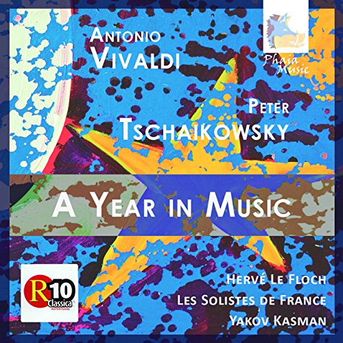 "CD cover with abstract blue background, white text, and colorful splatters, featuring artist names."