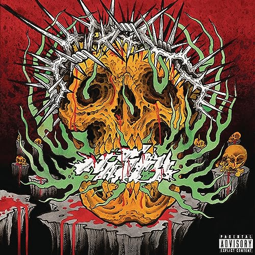 Album cover: distorted skull with thorns, green flames, and red splatter.