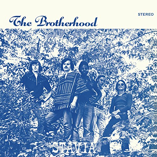Album cover for "The Brotherhood - Stavia" featuring a band portrait.