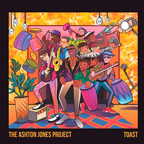 "Album cover art featuring cartoon musicians playing instruments in a vibrant, colorful room."