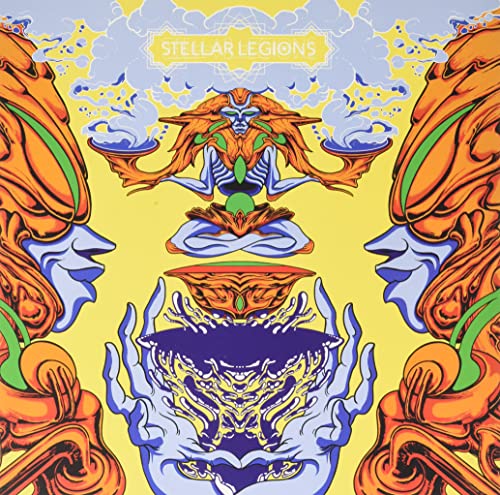 Album cover for Stellar Legions vinyl, featuring a blue, ornate, symmetrical figure.