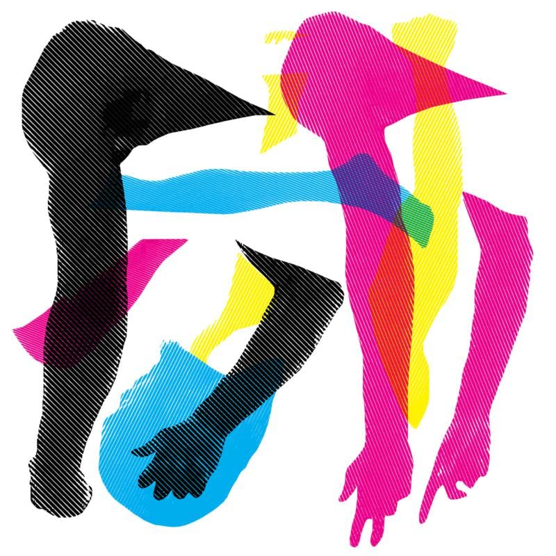 Abstract figures in bold, overlapping colors with a diagonal hatch pattern.