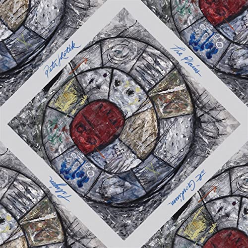 Abstract painted vinyl record cover with circular and geometric motifs.