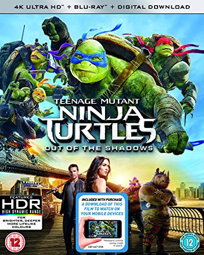 Teenage Mutant Ninja Turtles: Out of the Shadows" Blu-ray cover with the four turtles.