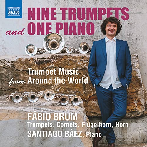 CD cover featuring a man with trumpets and a piano, titled "Nine Trumpets and One Piano".