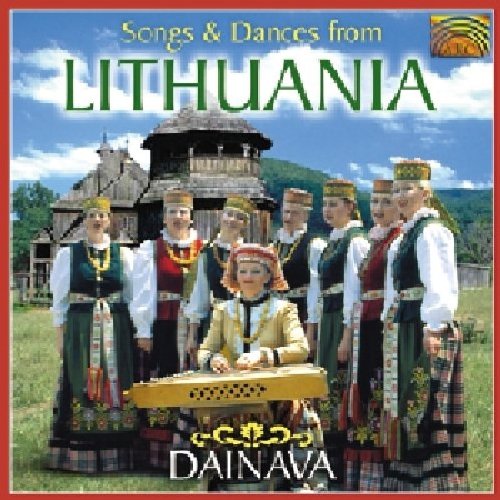 CD cover: group in traditional Lithuanian clothing, man playing instrument, wooden building behind.