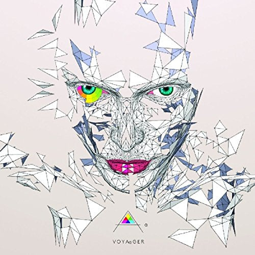A geometric, low-poly illustration of a face with rainbow eyes and pink lips.