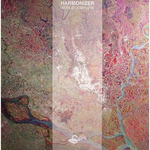 "Album cover with abstract, multicolored map background and 'HARMONIZER WORLD COMPLETE' text overlay."