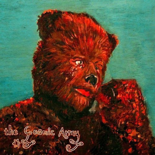 "Album cover featuring a red bear against a teal background with stylized text."