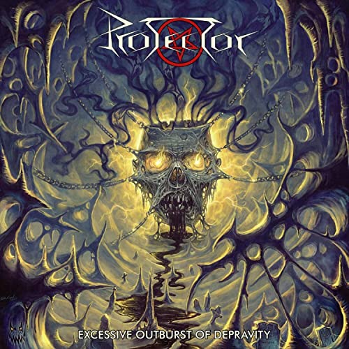 Album cover for Protector's "Excessive Outburst of Depravity" featuring a skull.