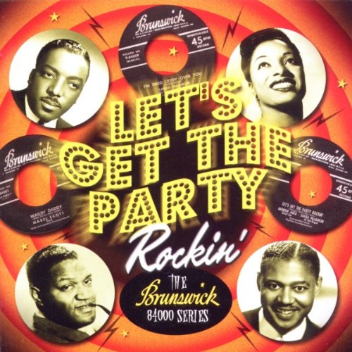 "Album cover with 'Let's Get The Party Rockin'' text, surrounded by vinyl records and portraits."