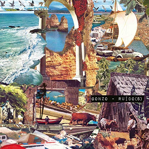 Surreal collage album cover with beach, animals, and architectural elements.