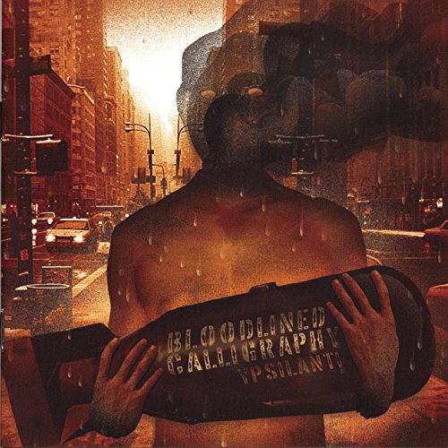 CD cover with a man’s back and city street imagery, textured orange tone.
