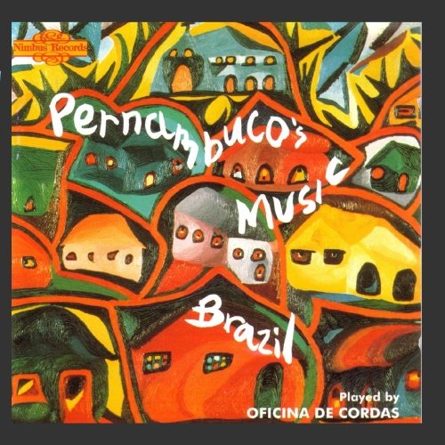 "Vibrant abstract album cover with houses and 'Pernambuco's Music Brazil' text, by Oficina De Cordas."