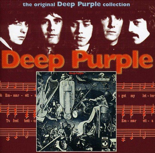 "Album cover with red background, band members' faces, and a black-and-white illustration."