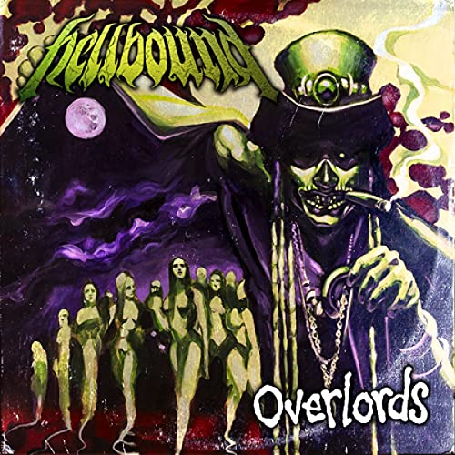 Album cover for Hellbound’s “Overlords” featuring a skeletal figure in purple hues.