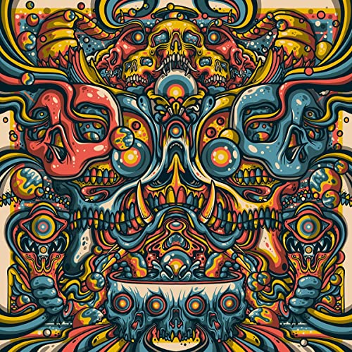 Intricate, colorful artwork featuring skulls, eyes, and swirling psychedelic patterns.