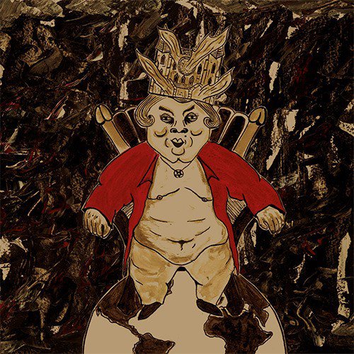 A cartoon man sits on a globe, wearing a crown and red jacket.