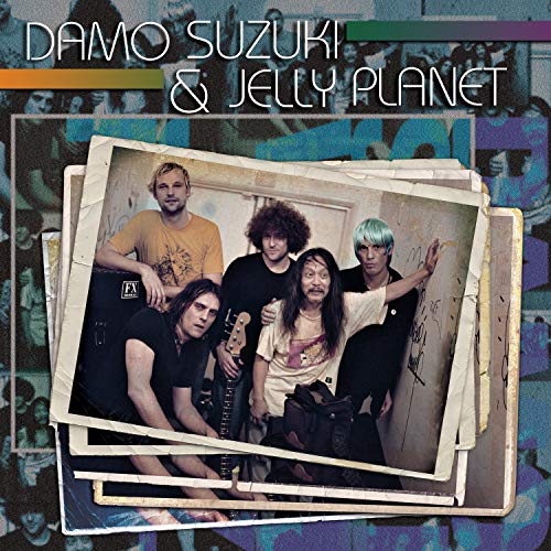 "Album cover with a polaroid photo of five musicians on a colorful background."