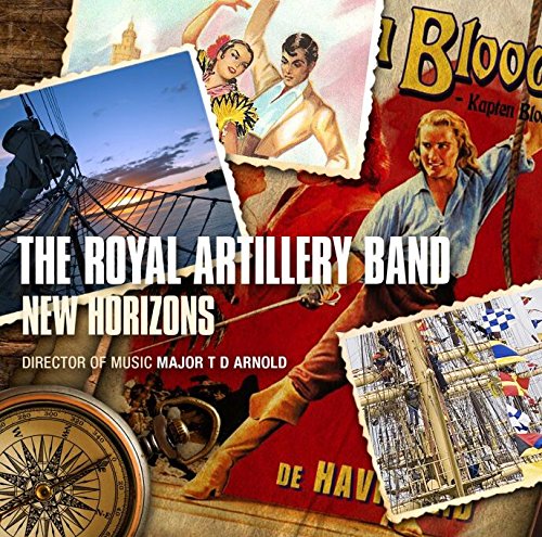 "CD cover with collage of vintage images and text 'The Royal Artillery Band New Horizons'."