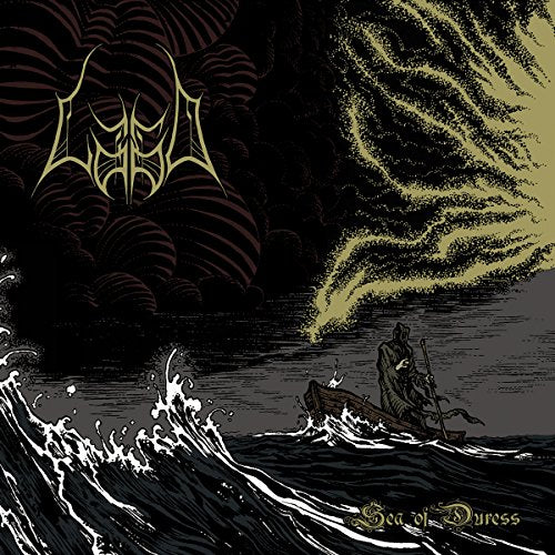Dark album cover depicting a hooded figure rowing a boat on stormy seas.