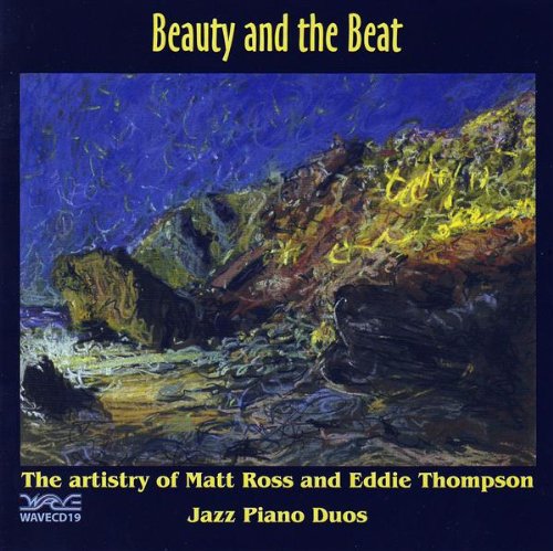 "Album cover with abstract rocky shoreline painting and yellow text on dark blue background."