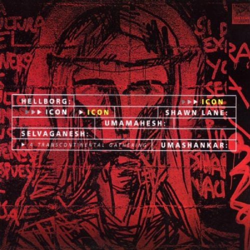 "Red-toned album cover with a sketched figure and layered artist names."