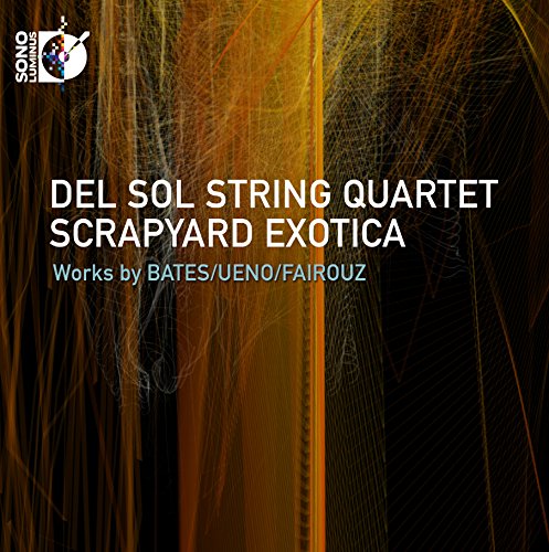 "Album cover with abstract feather design, white text 'DEL SOL STRING QUARTET SCRAPYARD EXOTICA'."
