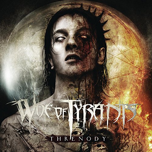 "Woe of Tyrants - Threnody" album cover featuring a gruesome, crucified figure with a fiery background.
