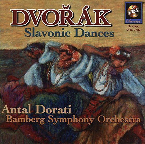 "Dvorak Slavonic Dances CD cover featuring traditional folk dancers in colorful clothing."