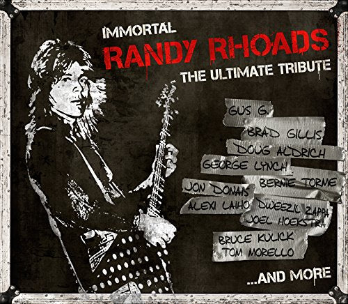 "CD cover with black-and-white image of Randy Rhoads and various musician logos."