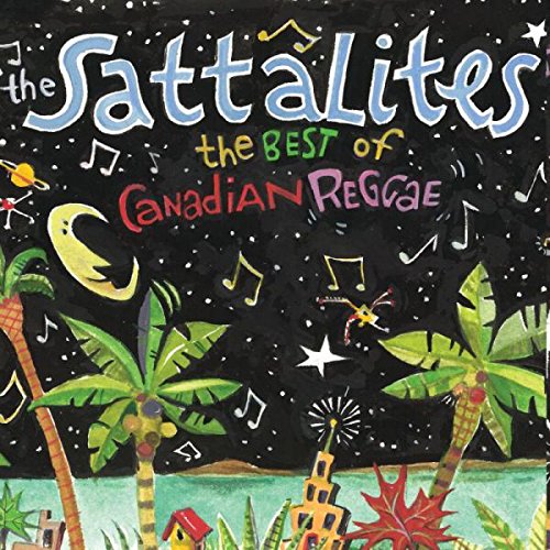 "Album cover with palm trees, stars, and music notes on a black background."